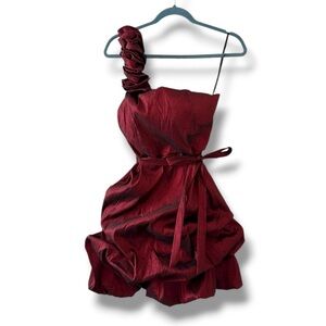 Y2K Burgundy Tafetta One-Shoulder Bubble Hem Belted Dress Women’s Size Small